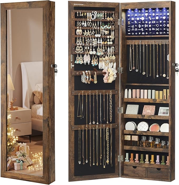 SONGMICS 6 LEDs Mirror Jewelry Cabinet, 47.2-Inch Tall Lockable Wall or Door Mounted Jewelry Armoire Organizer with Mirror, 2 Drawers, Christmas Gift, 3.9 x 14.6 x 47.2 Inches, Rustic Brown