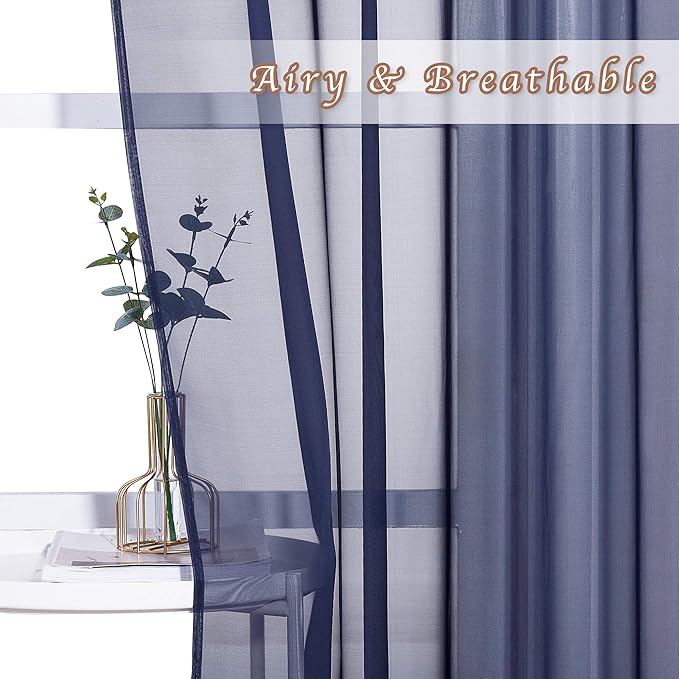 NICETOWN Sheer Curtains for Living - Long Voile Window Drapes Panels 84" for Patio/Boy Room/Master Bedroom/Sliding Door (54" W, Dark Blue, Set of 2)