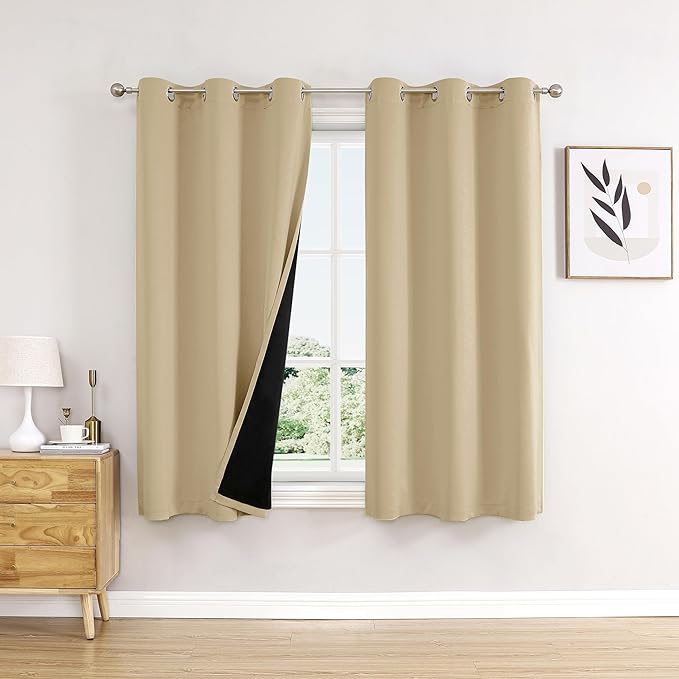 ChrisDowa 100% Blackout Curtains for Bedroom with Black Liner, 2 Thick Layers Total Blackout Thermal Insulated Grommet Small Window Curtains 2 Panels Set (Beige, 42 x 54 Inch)