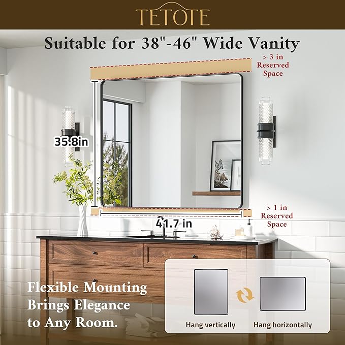 TETOTE 42 x 36 Black Bathroom Mirror Matte Black Metal Framed Vanity Mirror, Tempered Glass, Wall Mounted for Bathroom, Entryway, Bedroom, Living Room(Horizontal/Vertical)