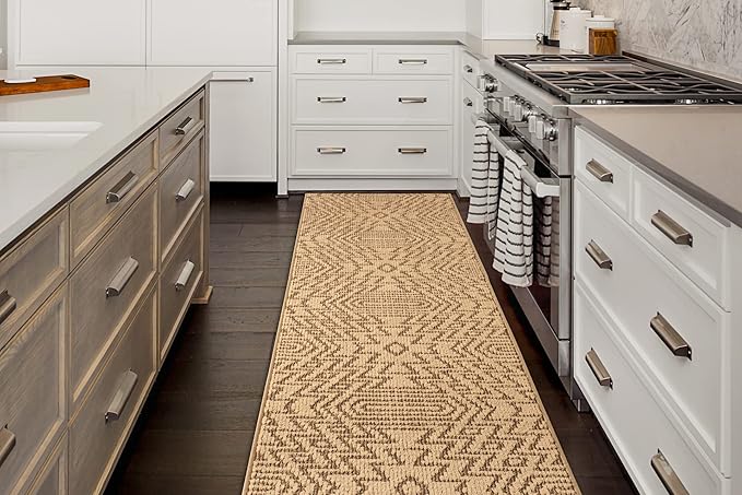Custom Length Cut to Size Tribal Ethnic Southwestern Inspired Hallway Runner Rug, Non Slip Rubber Backed, 31 inch Wide X Customized Length, Inca Tan, 31 inch X 9 feet