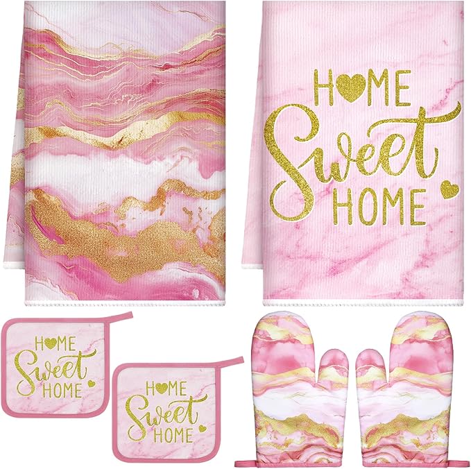 Bencailor 6 Pcs Marble Kitchen Decor Gold Pot Holders Oven Mitts 2 Dish Towels 2 Farmhouse Cooking Mittens Oven Glove and Potholder for Baking Cooking Grilling Supply Accessories(Pink)