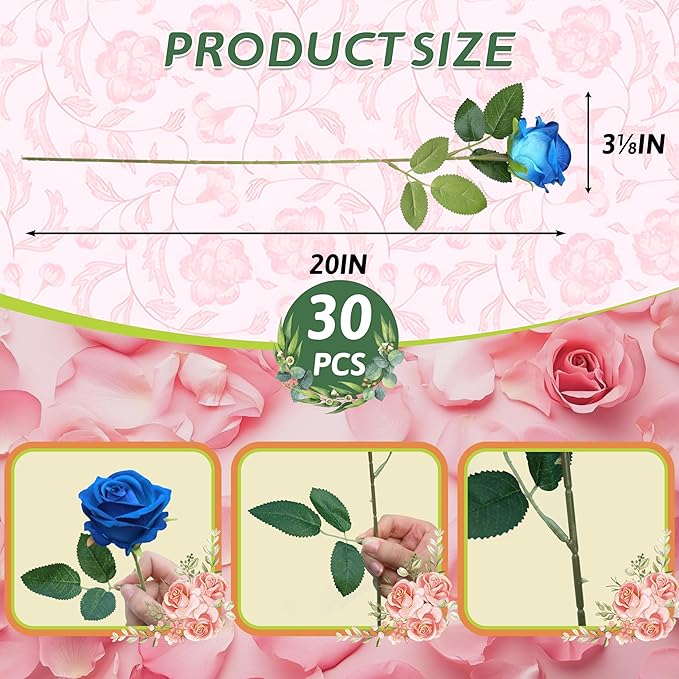 30 PCS Fake Blue Roses, Artificial Flowers Bulk Realistic Silk Faux Rose with Stems for Wedding Decorations Romantic Gifts Anniversary Celebration Bridal Bouquets DIY Floral Arrangement Home Decor
