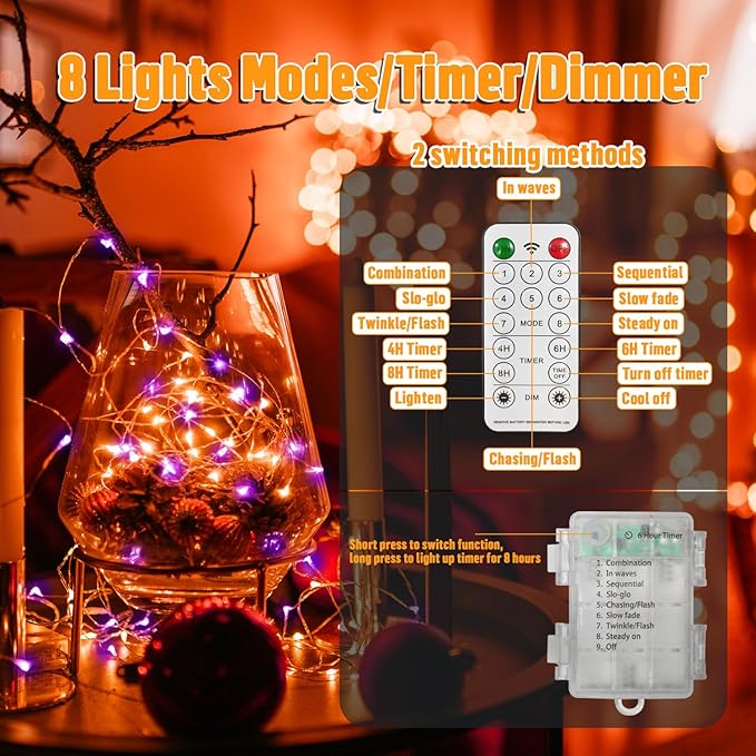 33Ft 100 LED String Lights, Orange & Purple Fairy Lights Battery Operated with Remote, Waterproof Twinkle Lights for Home Party Ghost Haunted House Indoor Outdoor Halloween Decorations