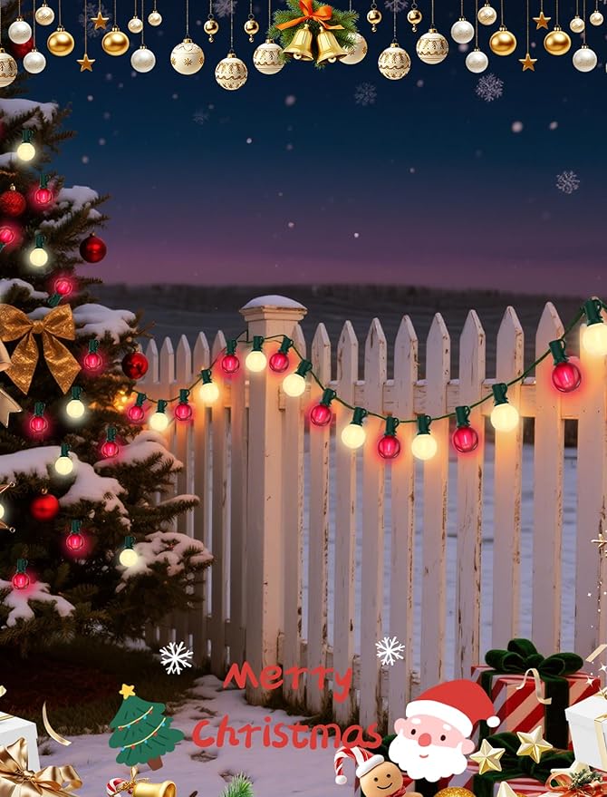 Abeja G40 Globe Patio String Light, 50Ft G40 Red White String Lights with 27 G40 LED Bulbs(2 Spare), Hanging Patio Globe String Light for Christmas Garden Holiday Party Decor-Green Line