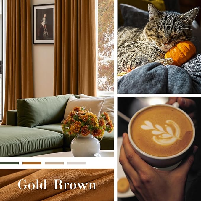 Lazzzy Velvet Curtains Brown Blackout Curtains Thermal Insulated Drapes for Bedroom Living Room Darkening 120 Inches Extra Long Window Treatments Super Soft Luxury Rod Pocket 2 Panels Gold Brown