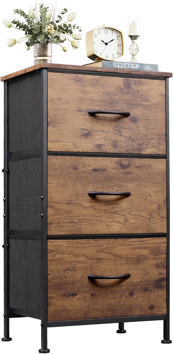 WLIVE Dresser with 3 Drawers, Fabric Nightstand, Organizer Storage Dresser for Bedroom, Hallway, Entryway, Closets, Sturdy Steel Frame, Wood Top, Easy Pull Handle, Rustic Brown Wood Grain Print