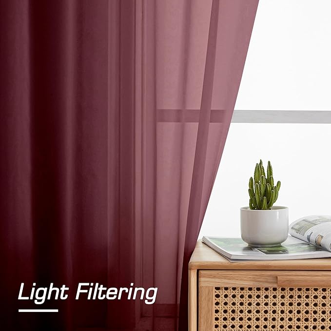 Aiyufeng 2 Piece Burgundy Sheer Curtains 84 Inch Length, Light Filtering Kitchen Curtain for Bedrrom/Living Room/Kitchen Window, Voile Top Dual Rod Pocket, 2 x 40 W x 84" L