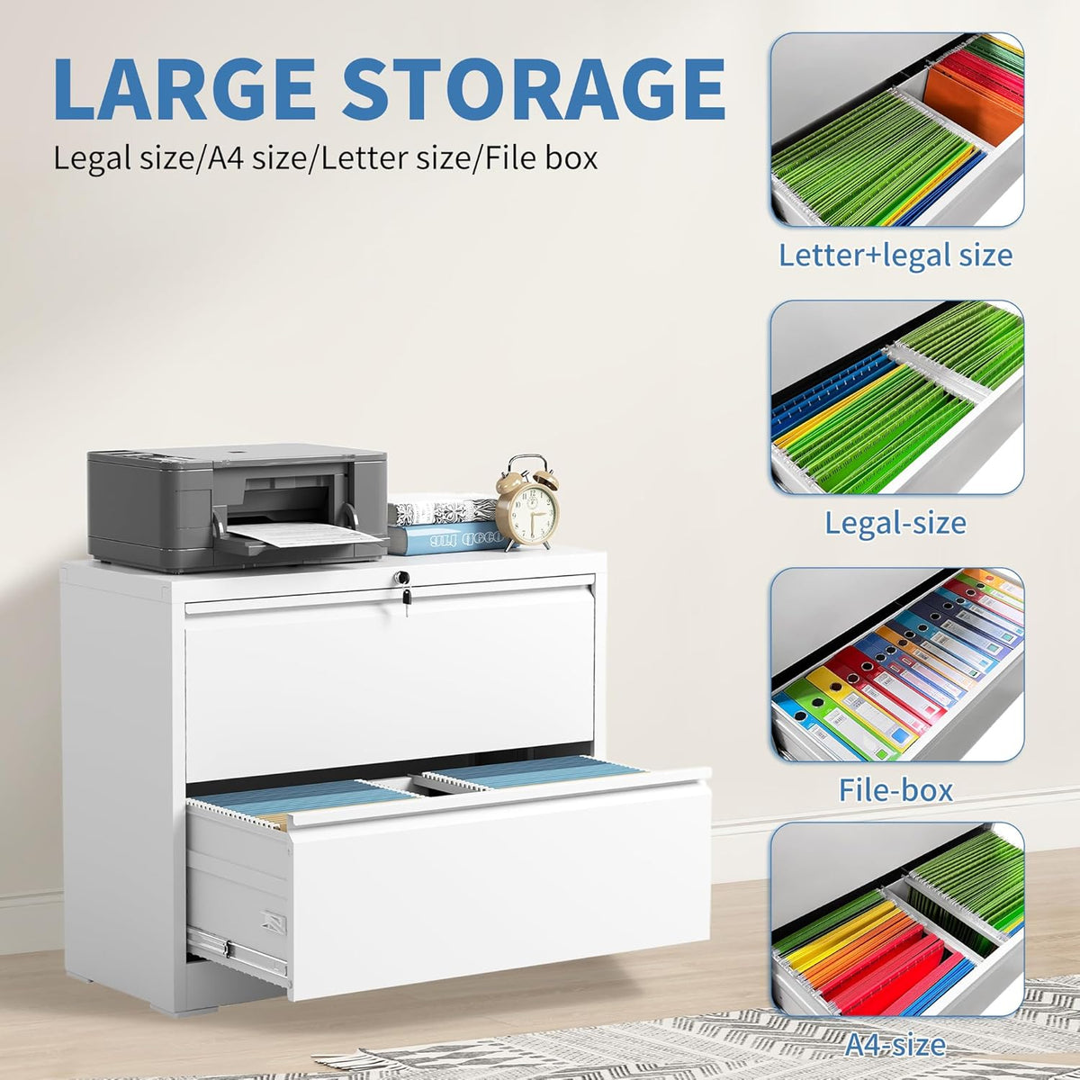 File Cabinets 2 Drawer, Metal Office Storage Filing Cabinet with Lock, White Lateral Filing Cabinet for Home Office,Horizontal Two Drawer File Cabinets for Legal/Letter,Assembly Require,White