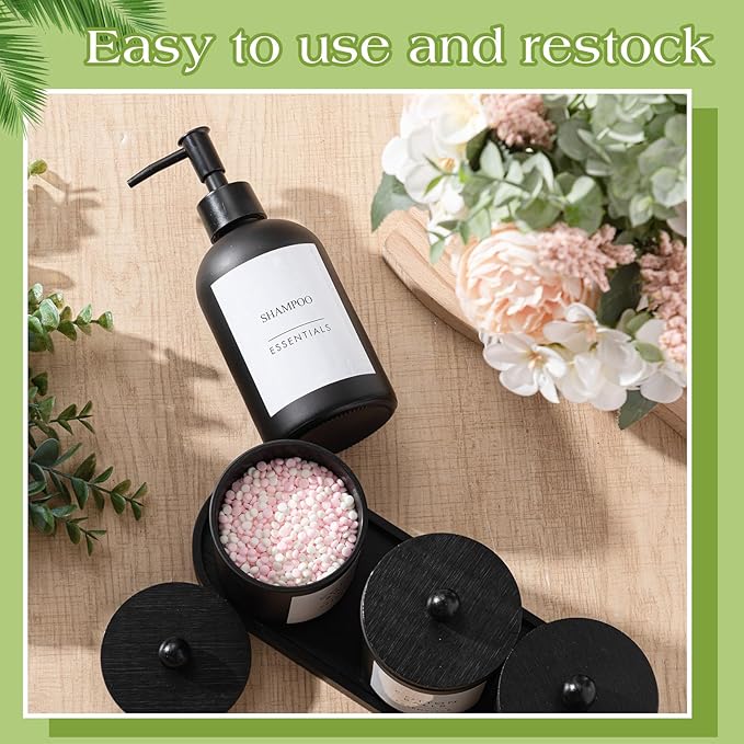 Yaomiao 5 Pack Black Frosted Glass Bathroom Accessories Set Kitchen Modern Liquid Soap Dispenser Set with Pump and Wood Tray Toothbrush Holder Cotton Swab Jars with Lids for Sink Countertop Home Decor