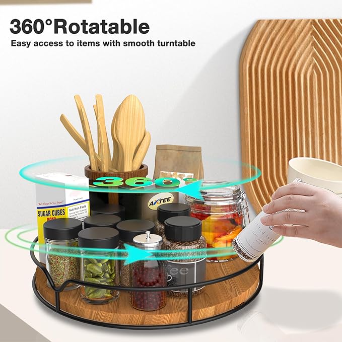 Lazy Susan Turntable Organizer for Cabinet Pantry Kitchen Countertop Refrigerator Cupboard, Pine Wood, 9", Carbonized Black