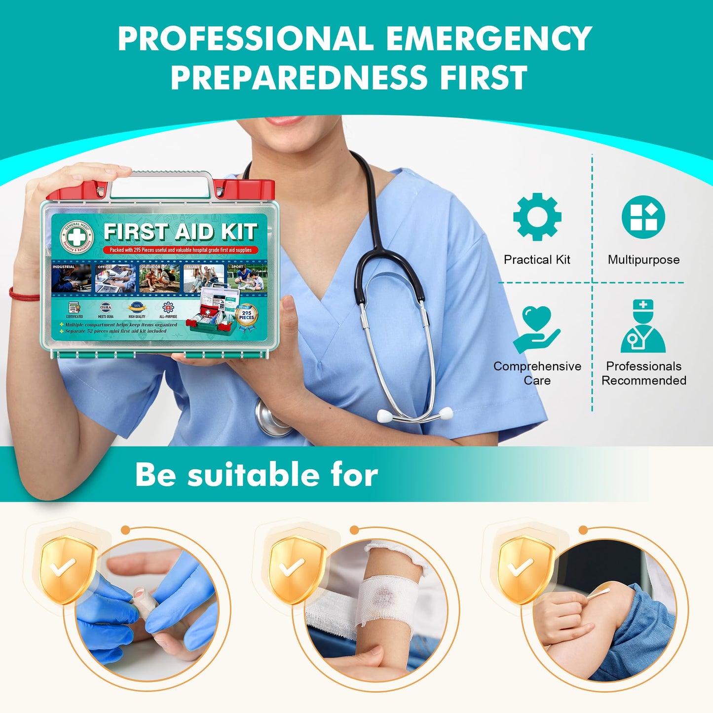 General Medi 295 Pieces Professional First Aid Kit - HardCase First Aid Box - Contains Premium Medical Supplies for Travel, Home, Office, Vehicle, Camping, Workplace & Outdoor