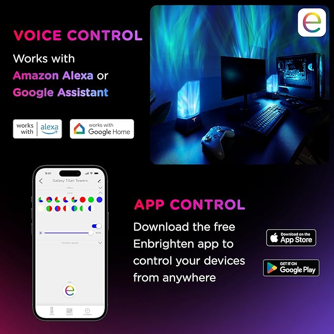 Enbrighten Vibe Smart Gaming Tabletop Galaxy Projector Titan Tower Plug in Night Light with Space Nebula Effects, Parties, Kids & Adults, Alexa and Google Compatible 84121