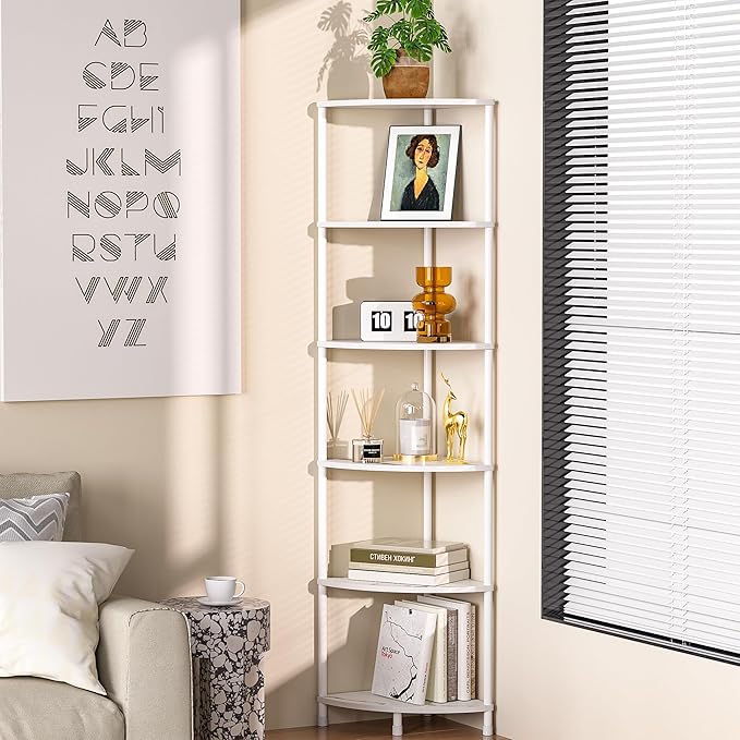 6 Tier Corner Shelf Stand, 54.4" Kitchen Shelf Organizer with Metal Frame, Small Corner Shelf for Organization & Storage, Marble White Corner Shelf for Kitchen Decor Accessories