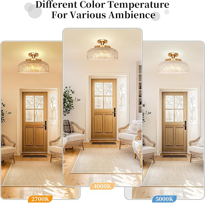 Lamomo Semi Flush Mount Ceiling Light, Upgraded Larger Hallway Light Fixture, 3-Bulb Globe Glass Close to Ceiling Scone, Amber Indoor Hanging Light for Bedroom Kitchen Porch Hallway,Bulbs Not Included