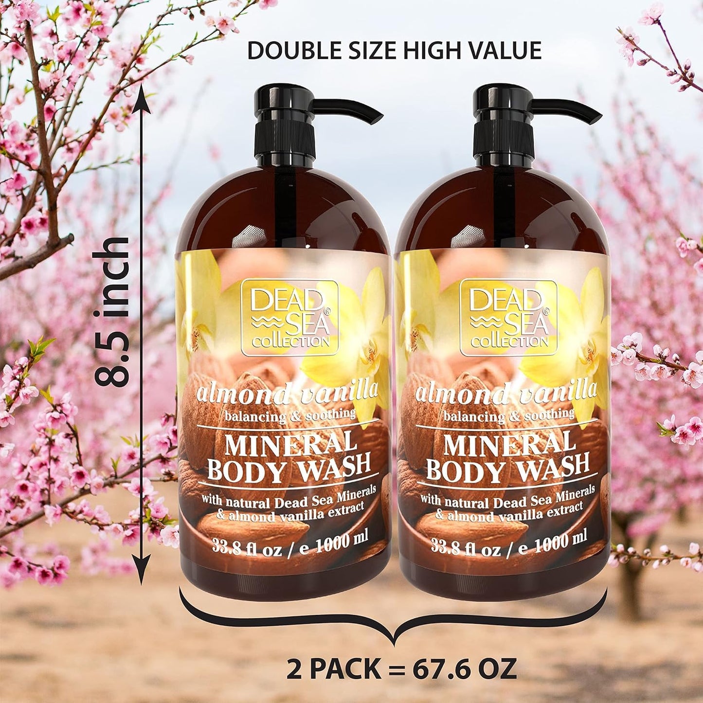 Dead Sea Collection Almond Vanilla Body Wash for Women and Men – Almond Vanilla Scent with Dead Sea Minerals – Moisturizing Shower Gel for Dry & Sensitive Skin – Pack of 2 (67.6 fl oz)