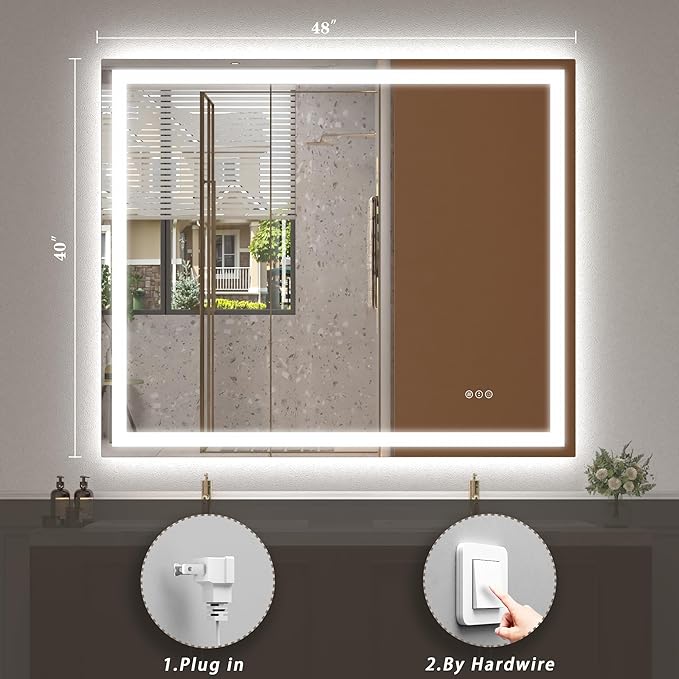 48x40 LED Mirror for Bathroom, Lighted Vanity Mirror for Wall, Dimmable, Anti-Fog, Shatter-Proof, ETL Listed (Front Lit + Backlit)
