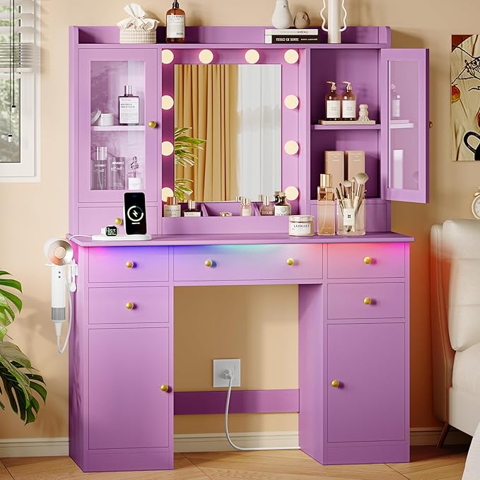 Makeup Vanity Desk with Mirror and Lights, Purple Vanity Table Set with Storage Drawers, Charging Station & Cabinets, Large Dressing Table with RGB Ambient Light for Women Girls Bedroom Bathroom