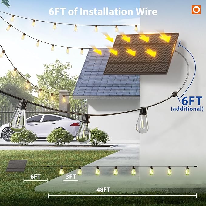 addlon 54FT(48FT+6) Solar String Lights Outdoor Waterproof with USB Port & Remote Control Solar Patio Lights for Outside Solar Powered with 16 LED Dimmable Bulbs for Porch Garden Deck Halloween