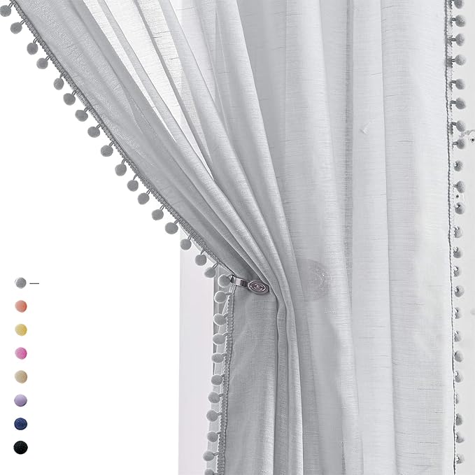 Treatmentex Grey Linen Textured Sheer Curtains Drapes for Bedroom Living Room Office Window Curtain Set 2 Pack Extral Long 108 inches Length Rod Pocket