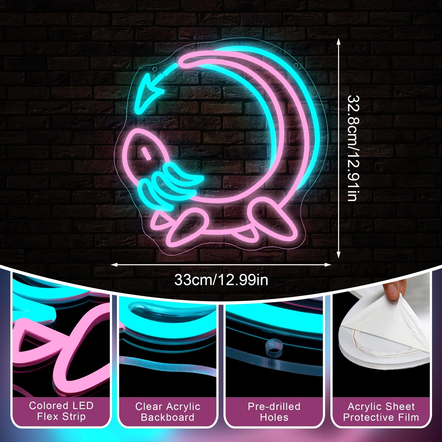 Pink Axolotl Moon Neon Sign for Wall Decor - Cute Animals Kawaii Neon Acrylic USB Powered LED Wall Art Decor, Light Up Sign Dimmable, for Axolotl Lovers Children's Room Kids Birthday 12.99" × 12.91"""