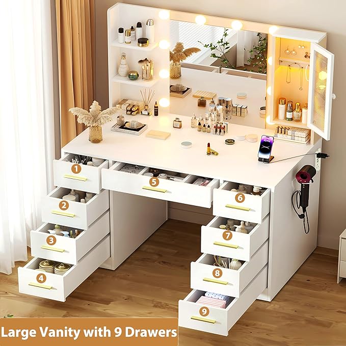Vanity Desk with Mirror and Lights, Large 43" White Makeup Vanity Desk with 9 Drawers and Power Outlet, 3 Open Shelves and 1 RGB Lighting Cabinet, White and Gold