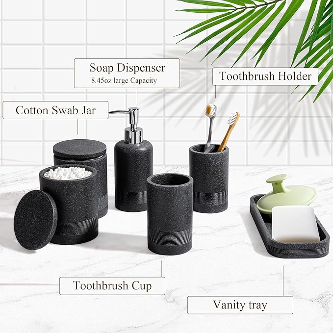 Bathroom Accessories Set, 6-Piece Bathroom Accessory Set, Toothbrush Holders Set, Soap Dispenser, Vanity Tray, Tumbler, Cotton Swab Jars, Bathroom Organizer for Modern Bathrooms(Black)