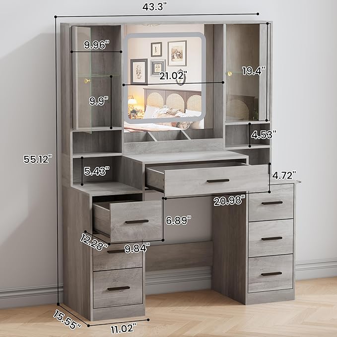 Vanity Desk with Mirror and Lights, Makeup Vanity with 7 Drawers, 2 Glass Door Cabinets, Charging Station, Adjustable Shelves, RGB Lighting, Hair Dryer Holder