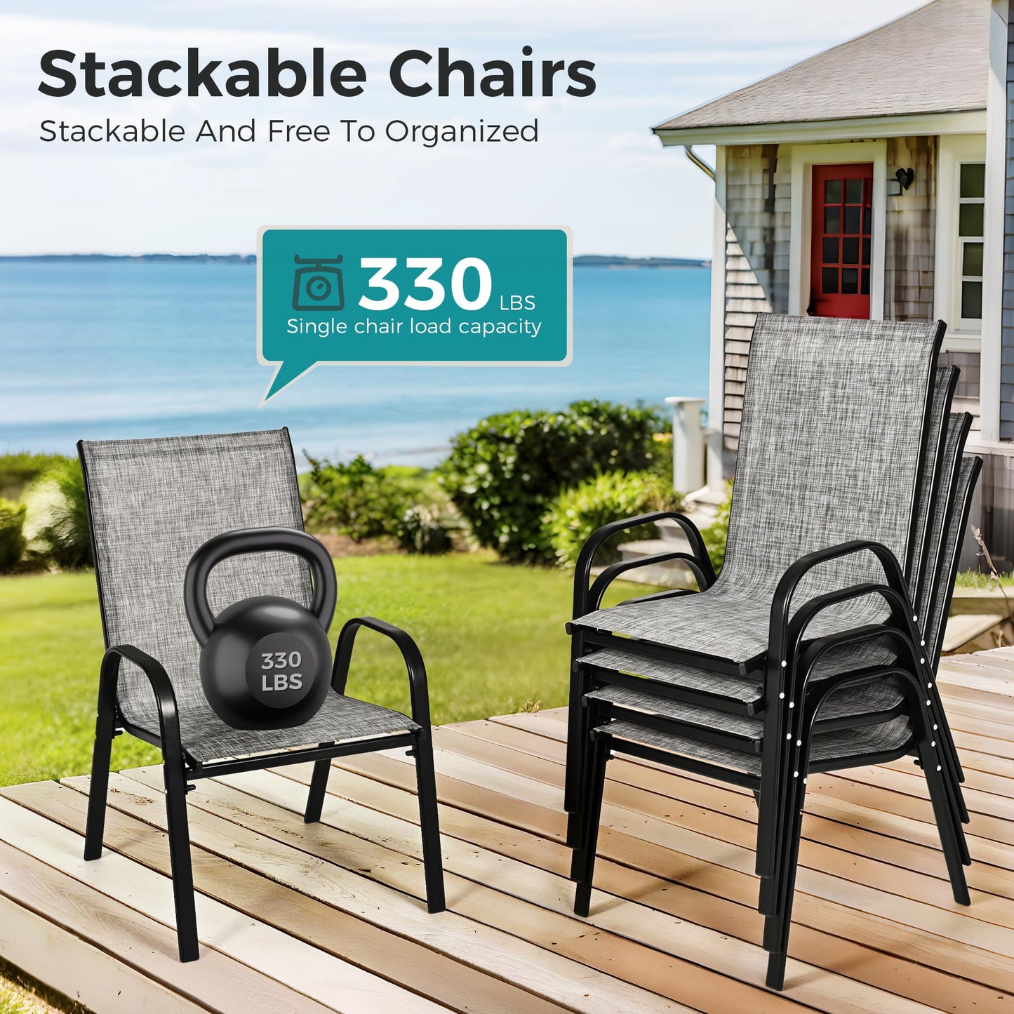 Pamapic Outdoor Dining Sets for 6, Rectangular Steel Slat Table with 6 Textilene Chairs, 7 Piece Patio Table and Chairs Set with Umbrella Hole for Patio, Garden, Backyard and Poolside (Grey)
