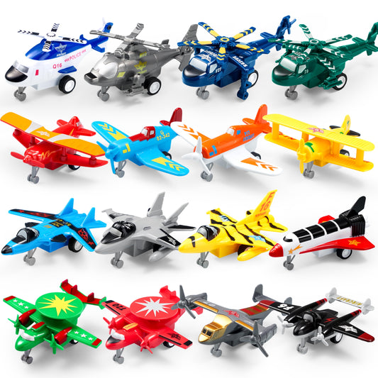 JOYIN 16 Pcs Pull Back Airplane Toys, Boys Plane Playset, Aircraft Incl Helicopter, Fighter, Bomber, Biplane Model, Gifts for Toddler Kids 3+ Years Old, Kids Presents, Treasure Box Toys for Classroom