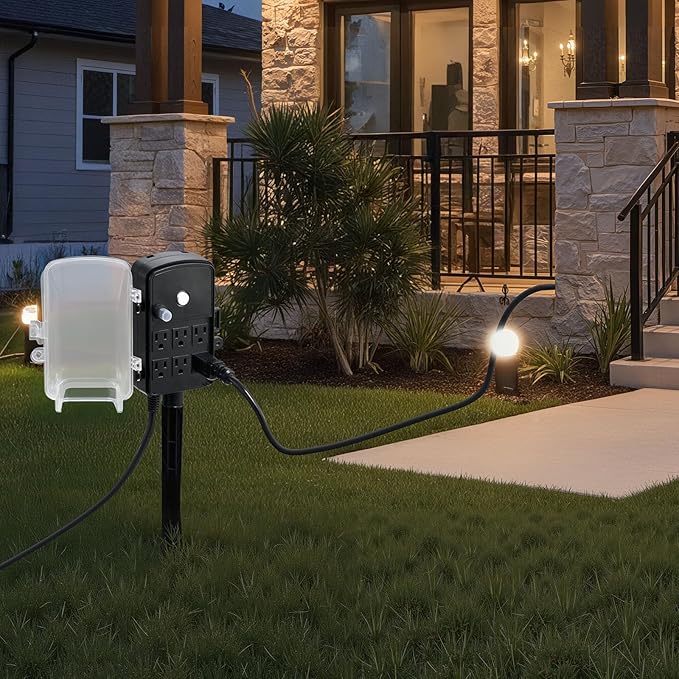 VEVOR Outdoor Power Stake Waterproof, 50 FT Extension Cord, Outdoor Power Strip, Weatherproof with Cover and Overload Protection, 6 Outlets, 15A/1875W for Halloween/Christmas Lights Decorations