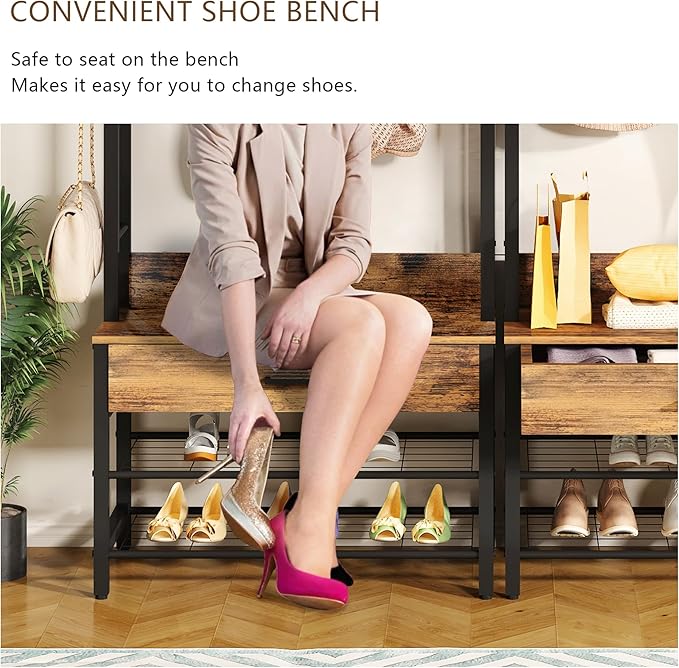 Recaceik Hall Tree with Bench and Shoe Storage, Entryway Coat Rack with Shoe Bench, Industrial Hall Tree with Drawers and 12 Hooks for Bedroom, Living Room