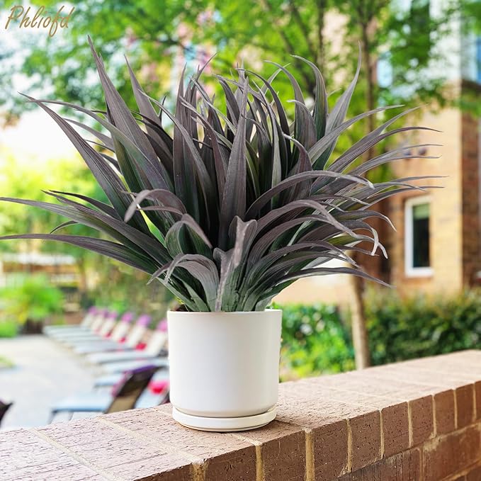6Pcs Artificial Grass Fake Plants 17.3in Outdoor Plants UV Resistant Faux Greenery Stems Fake Grass for Home Window Garden Office Patio Pathway Front Porch Halloween Décor Green & Black
