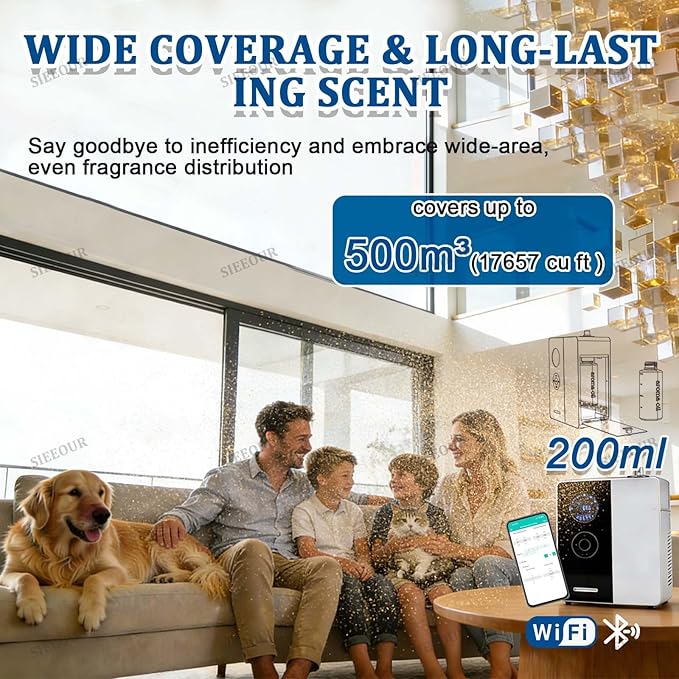 Commercial Fragrance Diffuser, HVAC Aroma Compatible, Smart Air Diffuser 17657 Cu Ft, Waterless Essential Oil Diffuser, 6.76 Oz, WiFi Bluetooth App Controlled Silent for Hotel Spa(White)