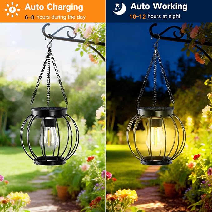 Outdoor Solar Lanterns, Waterproof Metal Hanging Lights with Warm White LED, Auto On/Off, Upgraded Brighter Decorative Lanterns for Garden Patio Yard Porch, Gifts for Women Mom, 2 Pack