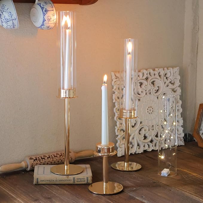 Hurricane Candle Holders Metal Candlestick Holder for Glass Taper Tall Candle Holders with Candles Stands for Home Decor, Christmas, Dinning, Wedding, Housewarming Gifts (6, Gold)