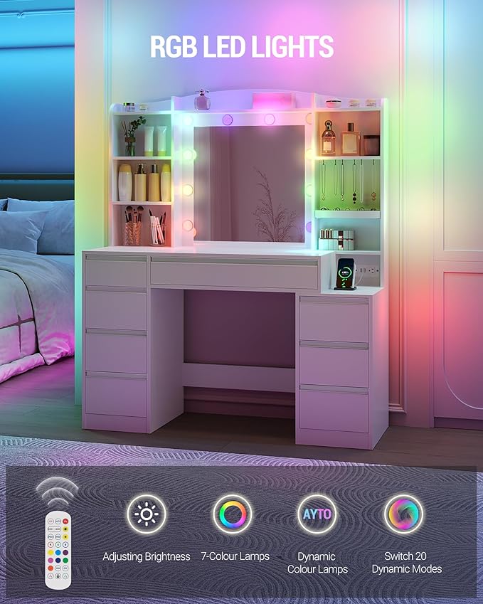 Vanity Desk with Mirror, Makeup Vanity with RGB Led Lights,Dressing Table with Power Strip,8 Drawers & 8 Storage Shelves, 47.2inch Desktop, Modern, White