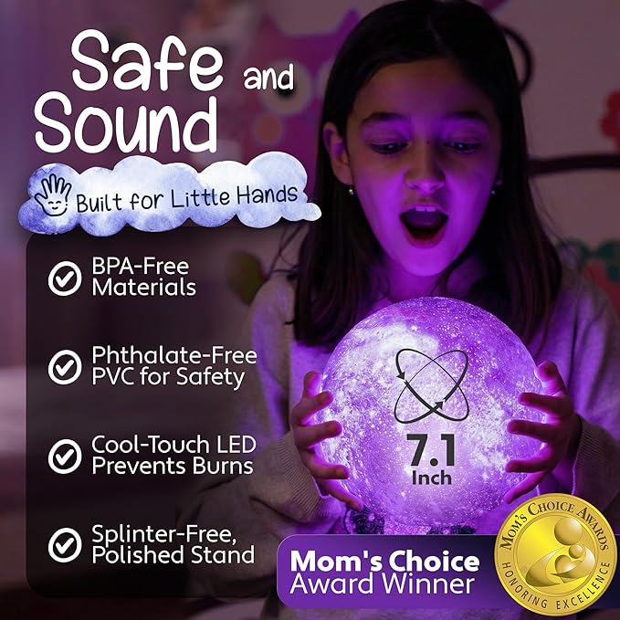 Mind-Glowing Galaxy Moon Lamp with Multi Colors, Touch/Remote, Wood Stand - Birthday Gift for Any Year Old Girls & Boys - Teen Girl Room Decor, Trendy Stuff - Cool Night Light for Kids (7.1 inch)