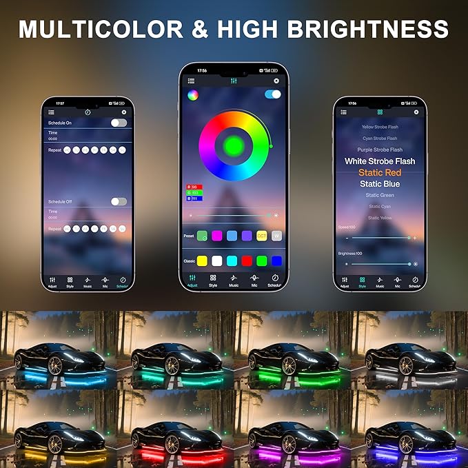 Underglow LED Lights for Cars - 6PCS RGB Neon Light Kit with 360 LEDs, Bluetooth APP Control, 8 Colors/Music Sync, Waterproof PVC Strips for Cars, Trucks, SUVs