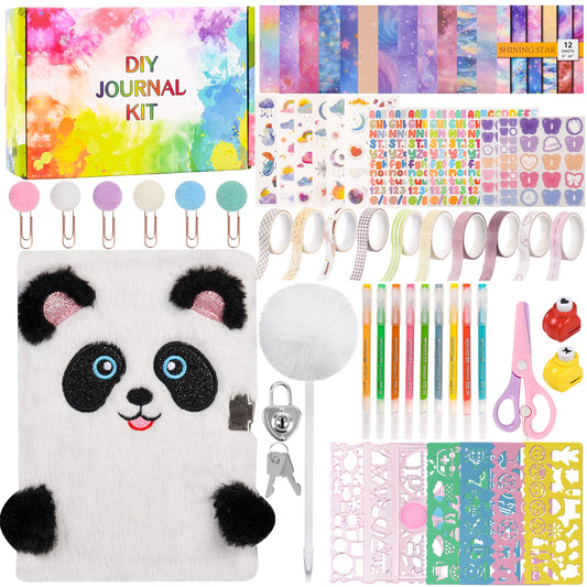 LiYiQ Plush Panda Diary Gift Travel Journal Secret Diary with Scrapbook Paper Stickers Journal Stencils Pompom Pen and Washi Tape Practical Set Gift for Birthday Christmas