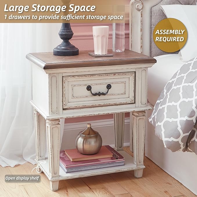 Signature Design by Ashley Realyn Traditional Cottage 1 Drawer Nightstand with Dovetail Construction & Open Display Shelf, Chipped White, 27" Tall, Distressed Brown