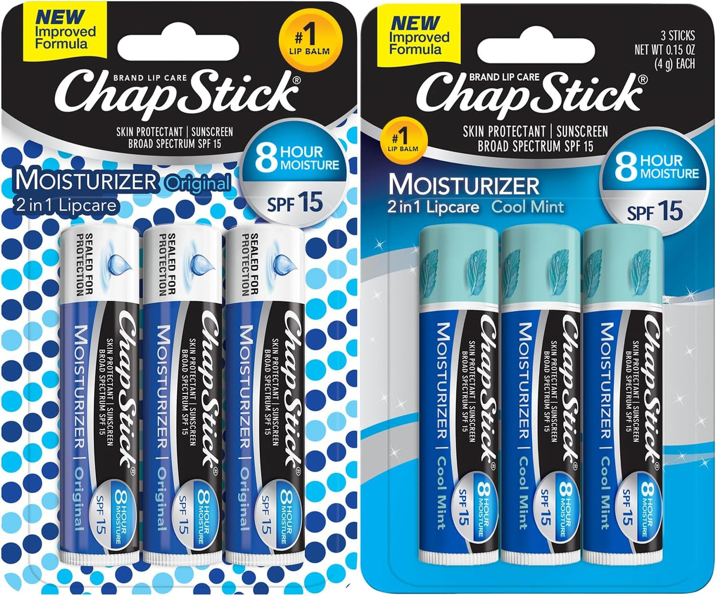 ChapStick Moisturizer 2-in-1 Lipcare 6-Pack (3 Original, 3 Cool Mint) â 8-Hour Lip Balm with Broad Spectrum SPF, Aloe & Vitamin E, 0.15 Ea
