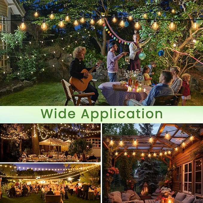 Outdoor String Lights 100FT Waterproof LED Outdoor Lights for Patio with 53 Shatterproof LED Bulbs (3 Spare),Outside Hanging Light for Party, Bistro, Gazebo, Backyard, Garden,Black Cord
