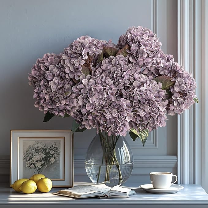 Artificial Flower Fake Silk Hydrangea Heads Bouquet With Stems Bulk for Fall Decoration Table Center Christmas Indoor Outdoor Faux Decorations Floral Realistic With Leaves Plants Craft(Grayish Purple)