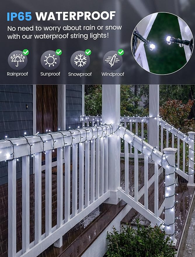 Hopolon White Christmas Lights Outdoor, 33 FT 100 LED Connectable Christmas Tree Lights Green Wire with Remote, 8 Modes Waterproof Plug in Twinkle String Light for Indoor Wedding Party Xmas Decor
