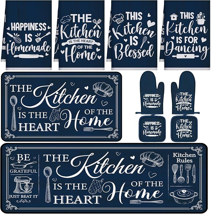 Fourluoo 10 Pcs Farmhouse Kitchen Decor and Accessories Set 4 Kitchen Towels 2 Pot Holders 2 Oven Mitts 2 Rugs for Cooking Baking Mom Housewarming Gifts(Dark Blue,Classic Style)