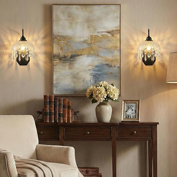 2-Pack Vintage Glass Crystal Wall Sconce, Matte Brushed Antique Black Finish, for Bedroom Bathroom Hallway Living Room