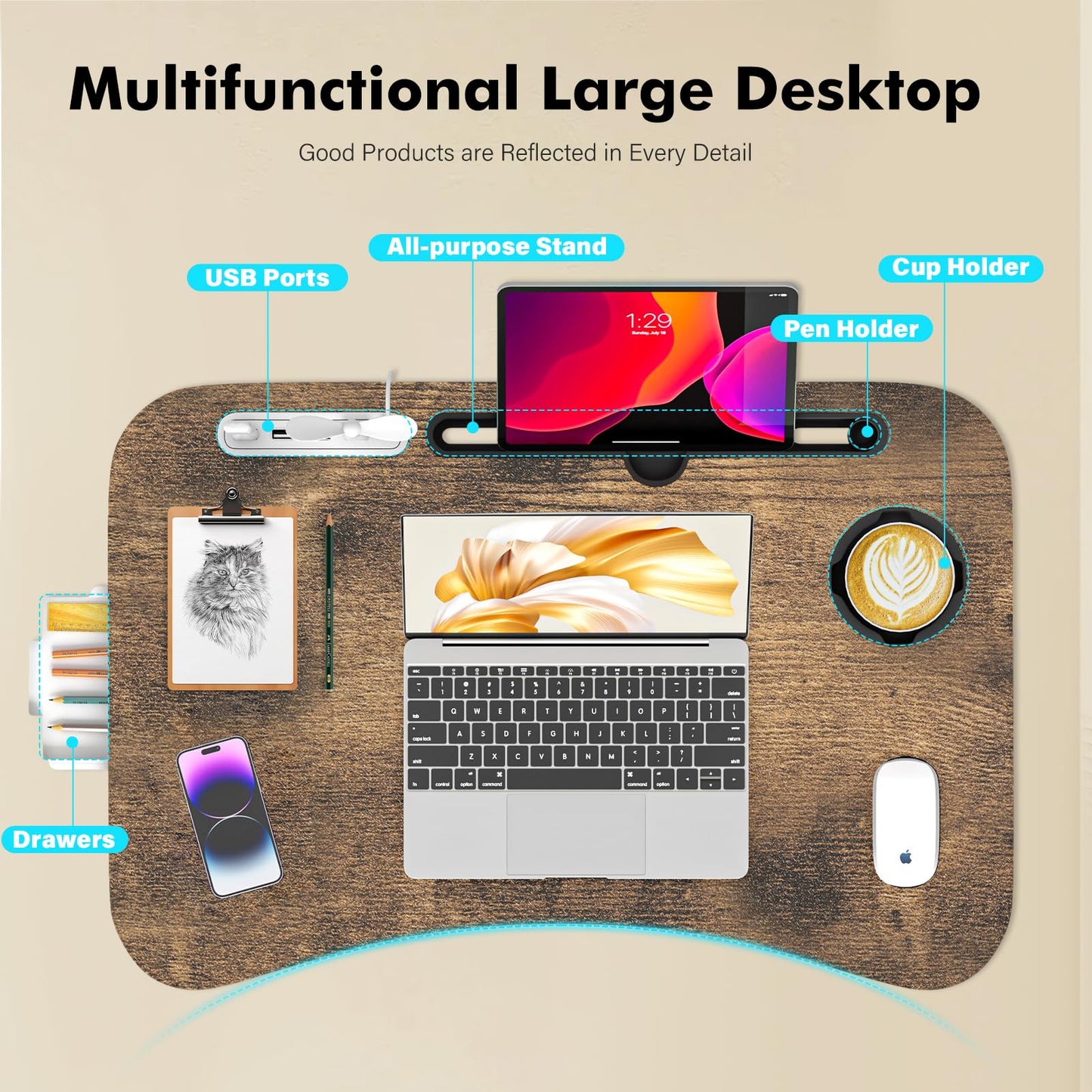 Lap Desk for Bed Adjustable Height, Foldable Bed Table with Storage Drawer, Tablet Slot & Cup Holder, Portable Laptop Stand for Bed & Sofa, Bed Desk for Adults & Kids, Carbonized