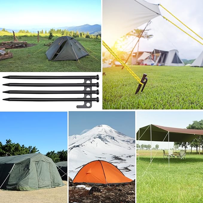 16pcs Tent Stakes and Hammer Set, 12in Heavy Duty Forged Steel Tent Stakes + Camping Hammer + Storage Pouch, Available in Rocky Place (16pcs 12in Stake+Hammer)
