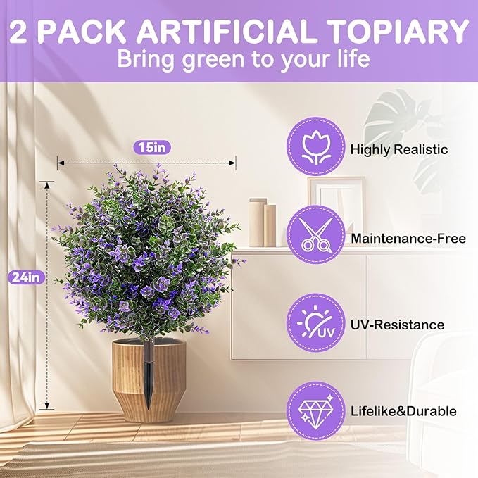 Artificial Boxwood Topiary Ball Trees with Ground Spikes UV Resistant Faux Greenery Shrubs Fake Shrubs for Outdoors, Realistic Faux Plants Bushes for Garden Porch Yard Patio Decor (Purple Green)